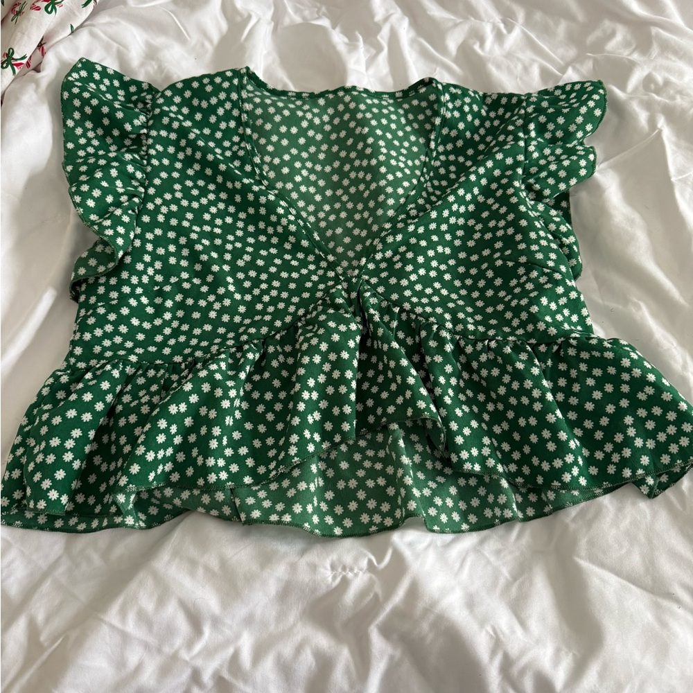 SHEIN Green Blouse with White Floral Design